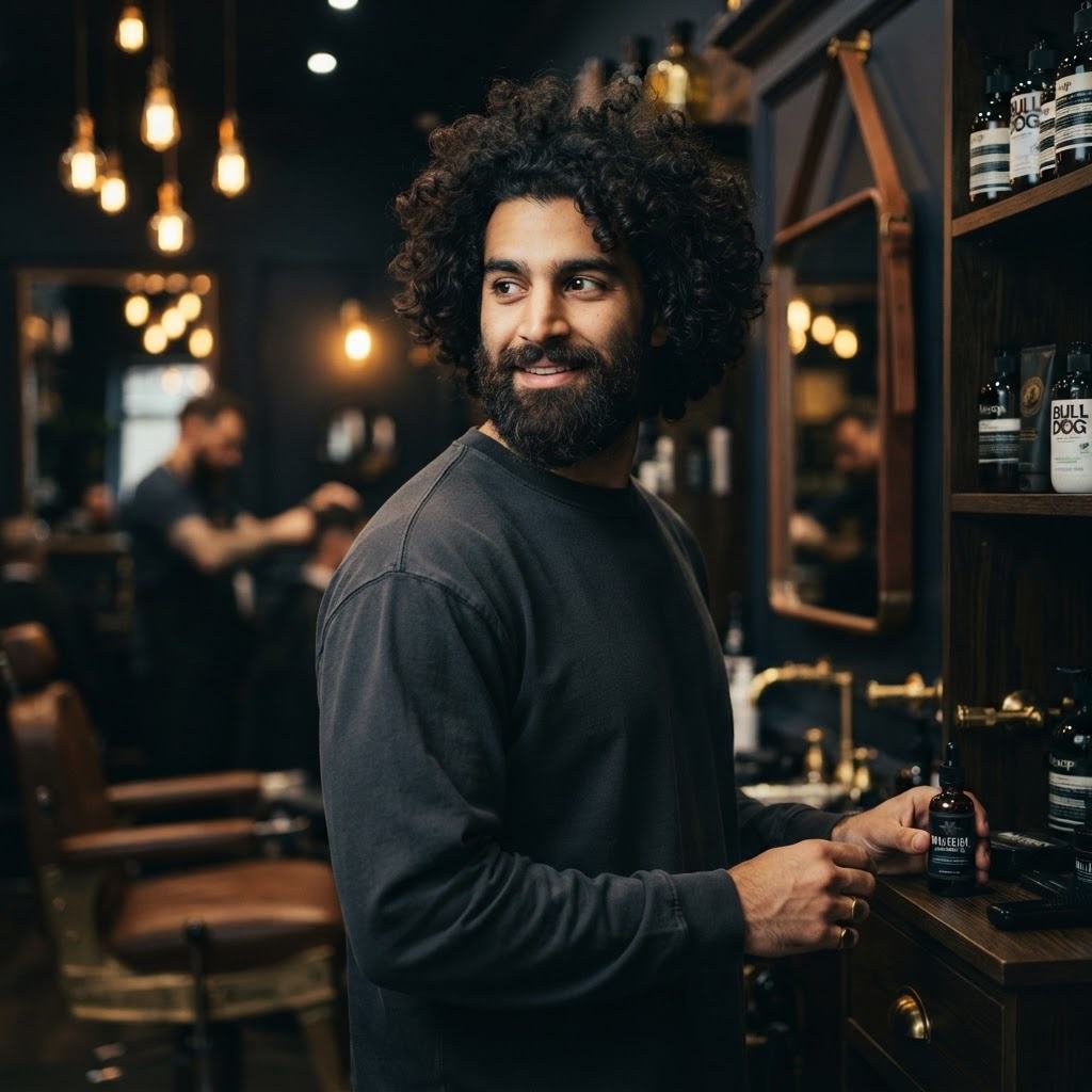 Man relaxing in a barber chair, natural-looking hair system