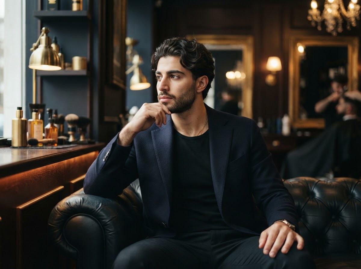 Man relaxing in a barber chair, natural-looking hair system