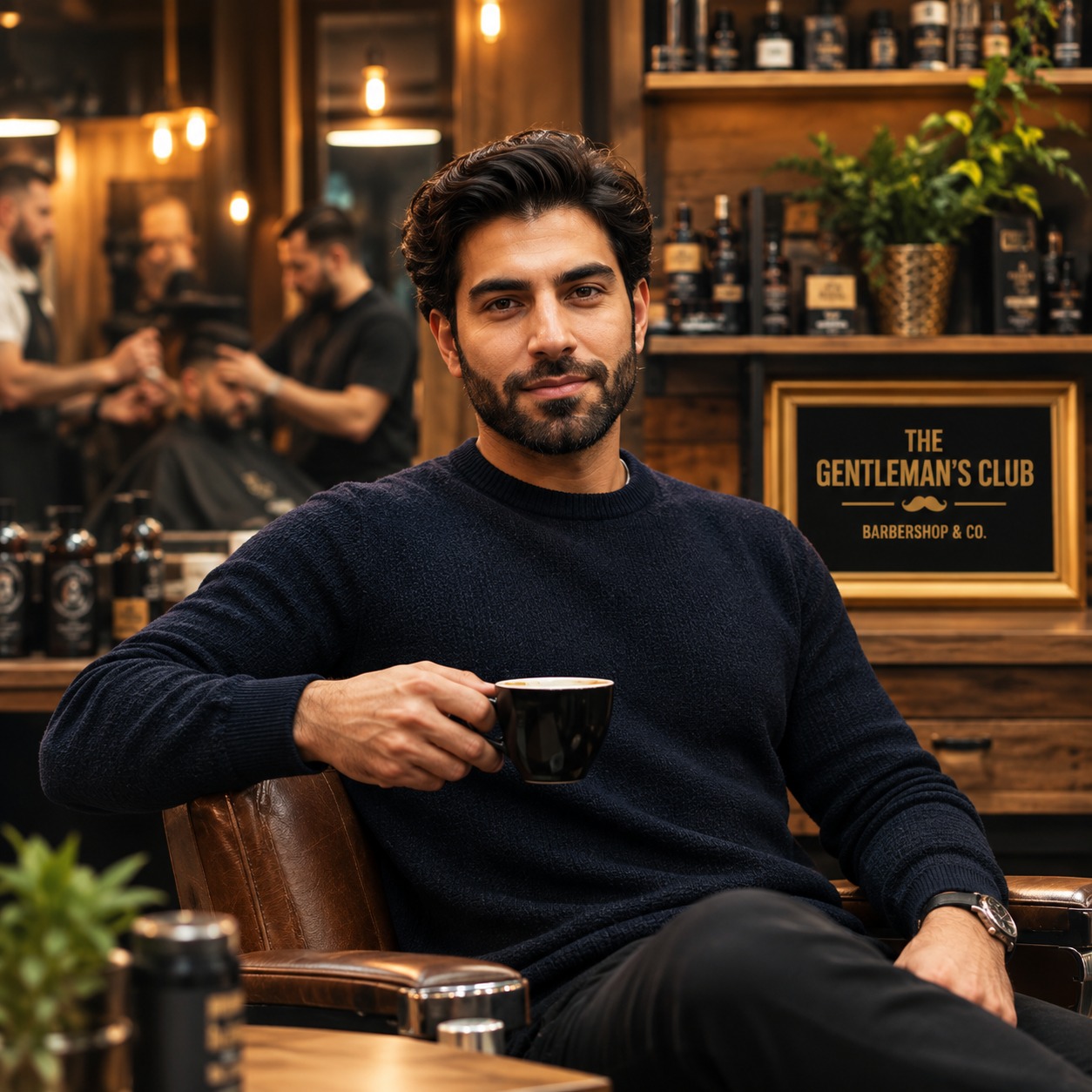 Man relaxing in a barber chair, natural-looking hair system